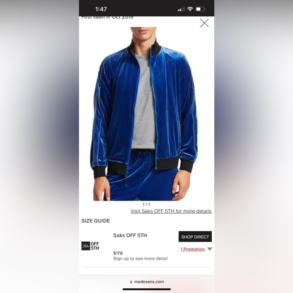 - Madison Supply Velvet Track Jacket In True Blue Men Size M - Picture 1 of 7